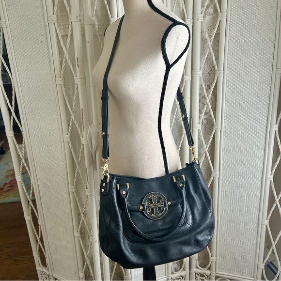 Tory Burch Amanda Black Pebbled Leather Convertible Hobo Satchel Gold Logo - Picture 5 of 16